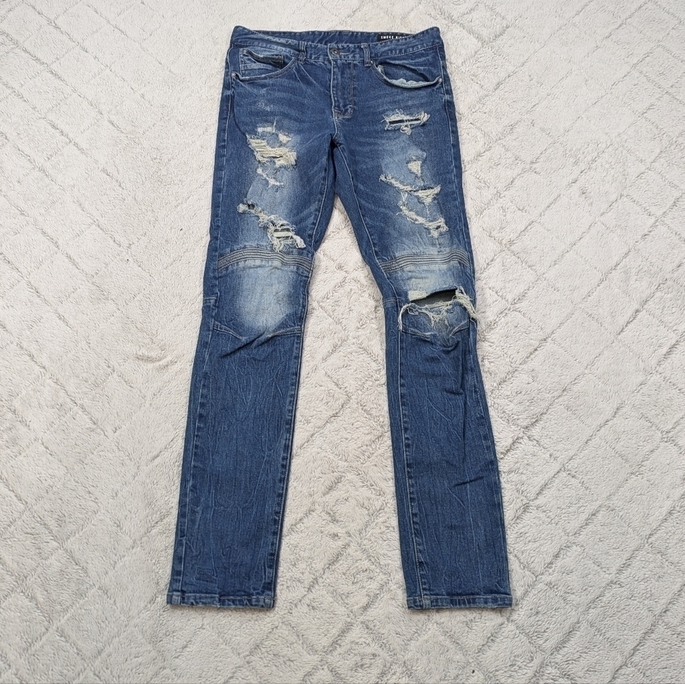 Smoke Rise Jeans Men's 32x34 Blue Distressed Moto Slim Fit Cotton StreetWear